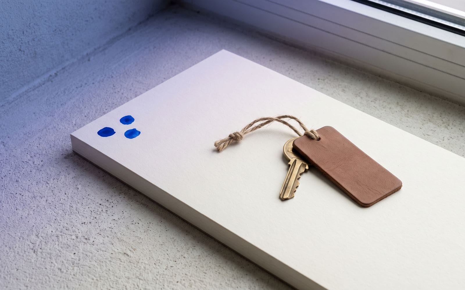 A house key on a leather tag resting on a calendar page marked with three blue dots