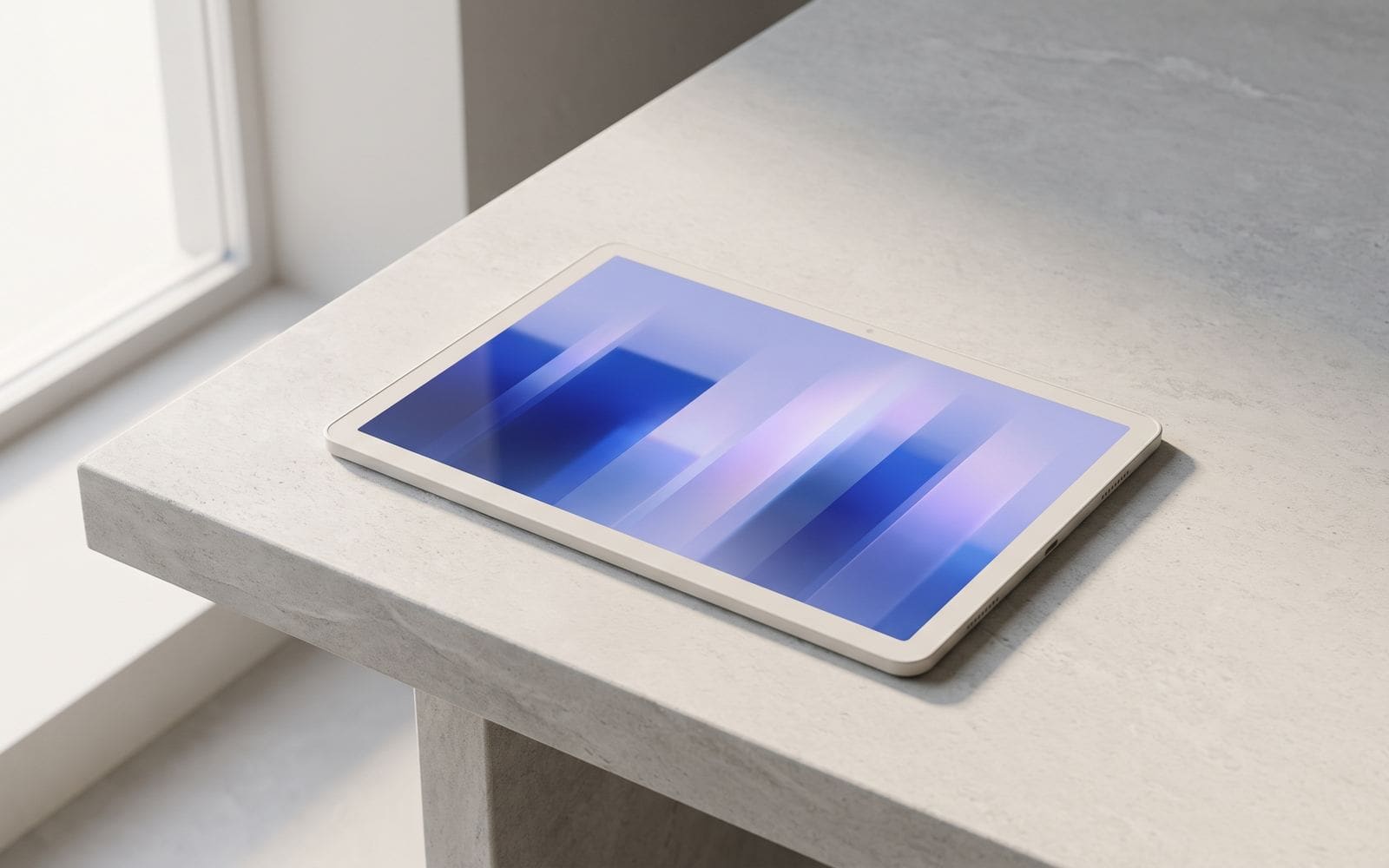 A tablet on a desk showing an abstract bar chart in blue and violet