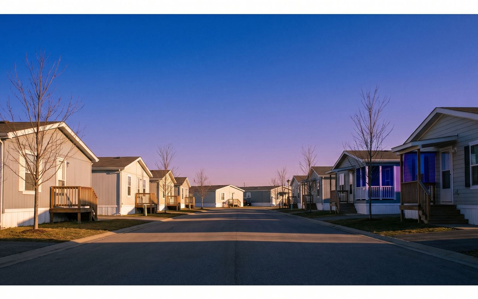 A quiet street of tidy manufactured homes at golden hour